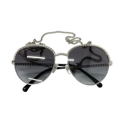 Chanel CHANEL Sunglasses Black Silver Coco Mark Eyewear with Chain