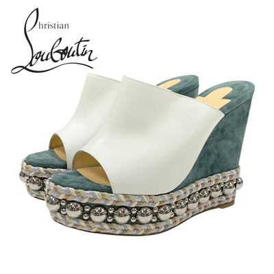 クリスチャンルブタン Christian Louboutin サンダル 靴 シューズ レザー スエード ホワイト グリーン シルバー 未使用 丸スタッズ ミュール ウェッジソール