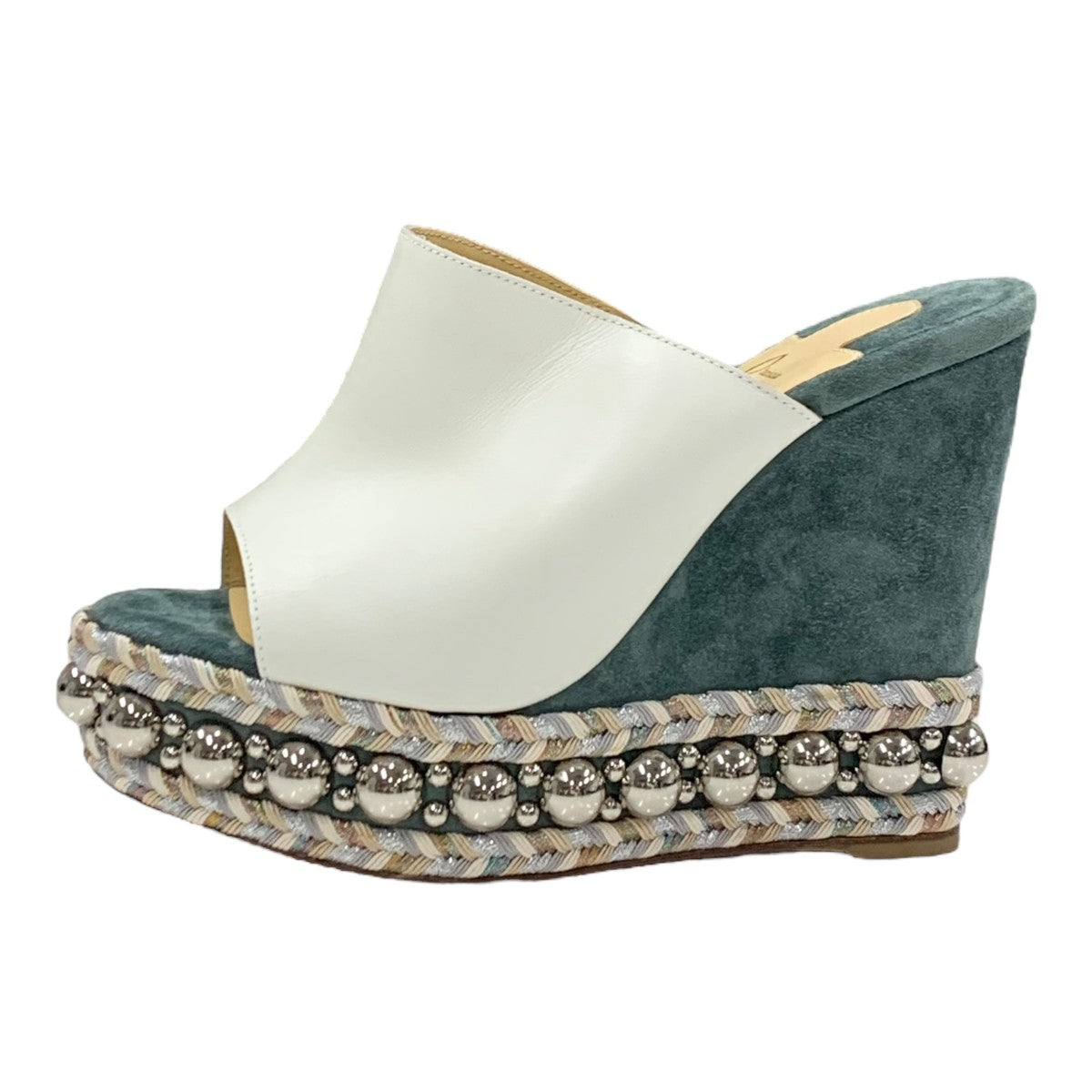 クリスチャンルブタン Christian Louboutin サンダル 靴 シューズ レザー スエード ホワイト グリーン シルバー 未使用 丸スタッズ ミュール ウェッジソール