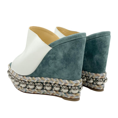 クリスチャンルブタン Christian Louboutin サンダル 靴 シューズ レザー スエード ホワイト グリーン シルバー 未使用 丸スタッズ ミュール ウェッジソール