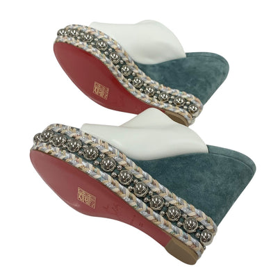 クリスチャンルブタン Christian Louboutin サンダル 靴 シューズ レザー スエード ホワイト グリーン シルバー 未使用 丸スタッズ ミュール ウェッジソール