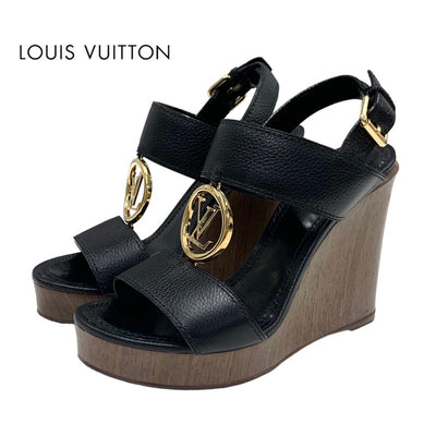 ルイヴィトン LOUIS VUITTON サンダル 靴 シューズ レザー ウッド ブラック 黒 ゴールド LVサークル ウェッジソール