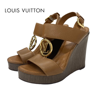 ルイヴィトン LOUIS VUITTON サンダル 靴 シューズ レザー ウッド ブラウン ゴールド LVサークル ウェッジソール ストラップ
