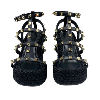 ヴァレンティノ VALENTINO サンダル 靴 シューズ レザー ブラック 黒 ゴールド ロックスタッズ ウェッジソール