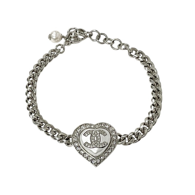 Chanel CHANEL Bracelet Bangle Cuff Silver Heart Rhinestone Coco Mark