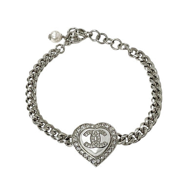 Chanel CHANEL Bracelet Bangle Cuff Silver Heart Rhinestone Coco Mark