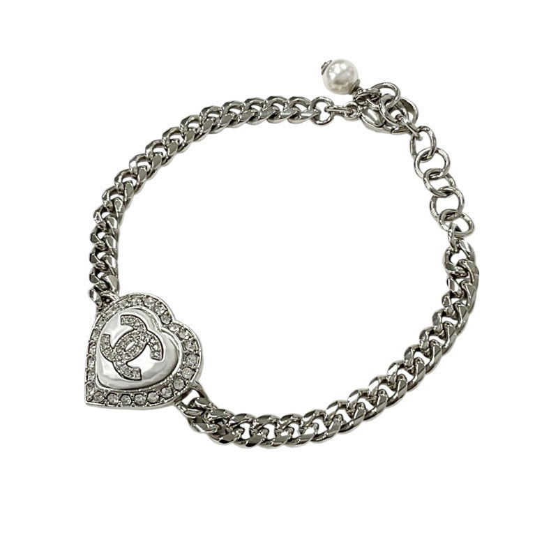 Chanel CHANEL Bracelet Bangle Cuff Silver Heart Rhinestone Coco Mark