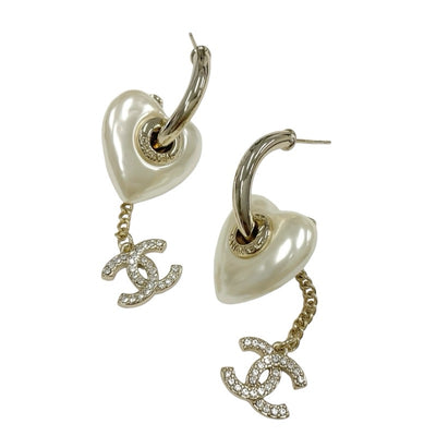 Chanel Earrings Gold White Coco Mark Rhinestone Heart Hoop