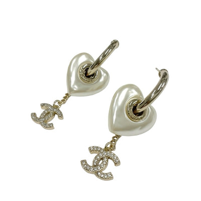 Chanel Earrings Gold White Coco Mark Rhinestone Heart Hoop