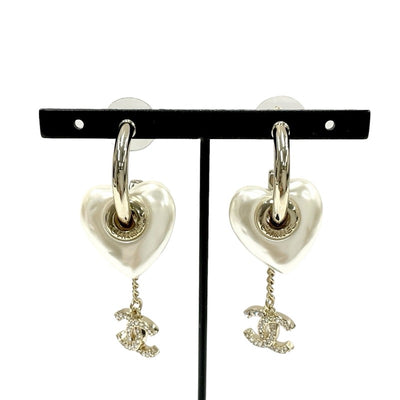 Chanel Earrings Gold White Coco Mark Rhinestone Heart Hoop