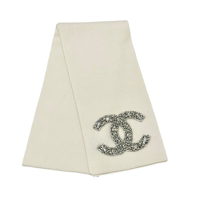 Chanel CHANEL scarf cashmere white coco mark pearl rhinestone bijoux