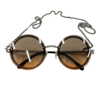 Chanel CHANEL Sunglasses Brown Silver Coco Mark Eyewear with Chain