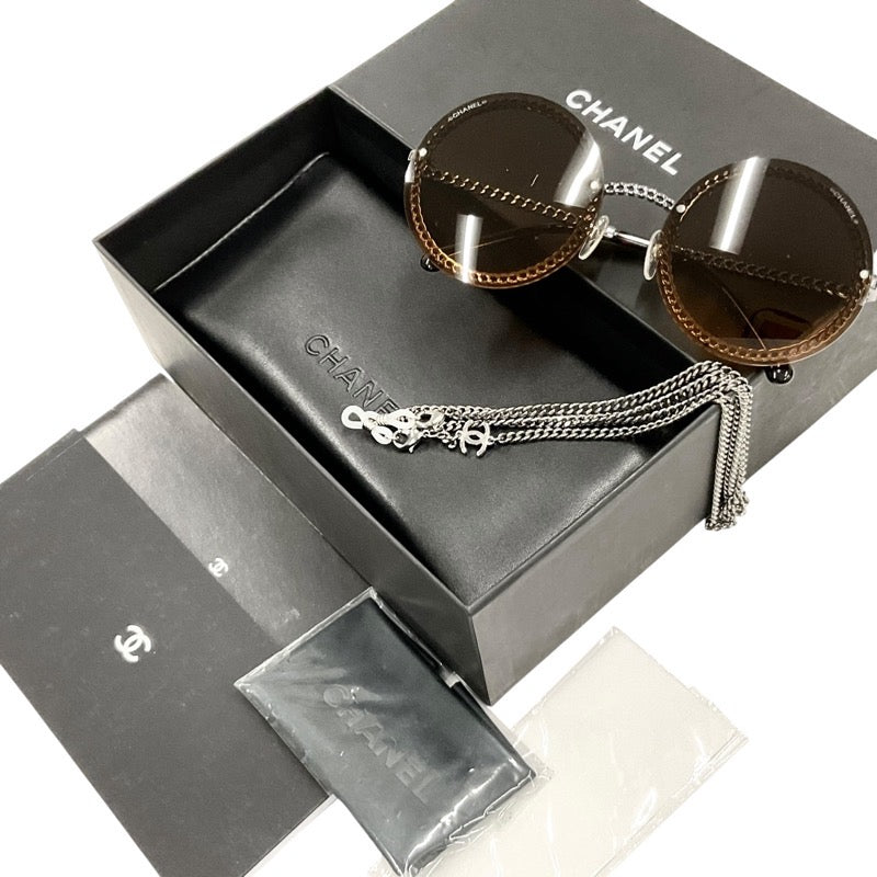 Chanel CHANEL Sunglasses Brown Silver Coco Mark Eyewear with Chain