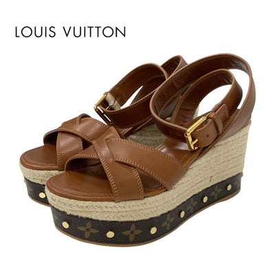 ルイヴィトン LOUIS VUITTON バウンダリー モノグラム サンダル 靴 シューズ レザー ブラウン ゴールド アンクルストラップ スタッズ ウェッジソール