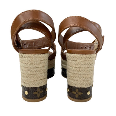 ルイヴィトン LOUIS VUITTON バウンダリー モノグラム サンダル 靴 シューズ レザー ブラウン ゴールド アンクルストラップ スタッズ ウェッジソール