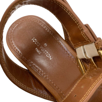 ルイヴィトン LOUIS VUITTON バウンダリー モノグラム サンダル 靴 シューズ レザー ブラウン ゴールド アンクルストラップ スタッズ ウェッジソール