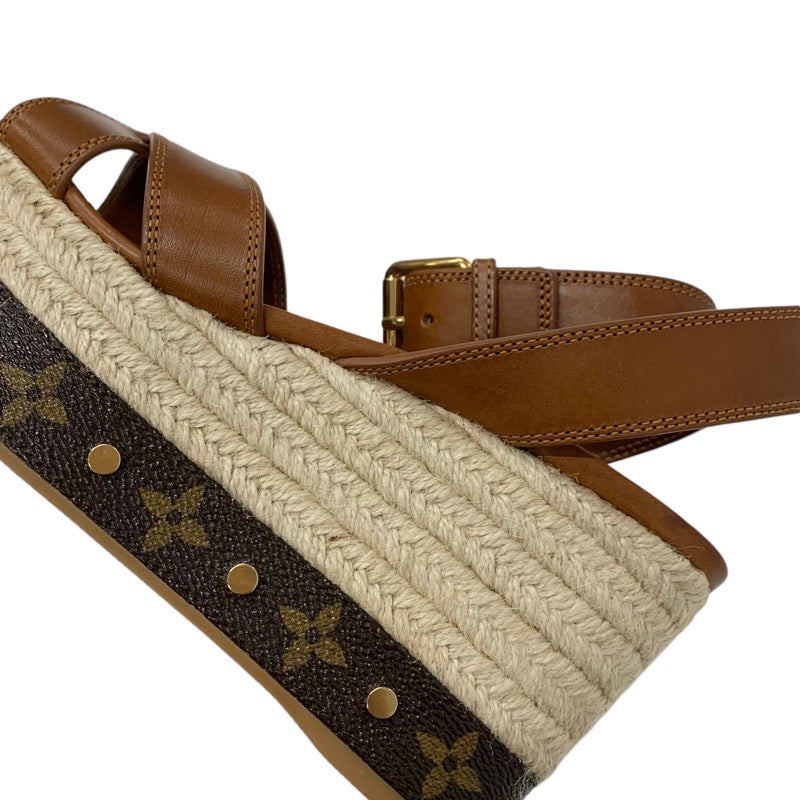 ルイヴィトン LOUIS VUITTON バウンダリー モノグラム サンダル 靴 シューズ レザー ブラウン ゴールド アンクルストラップ スタッズ ウェッジソール