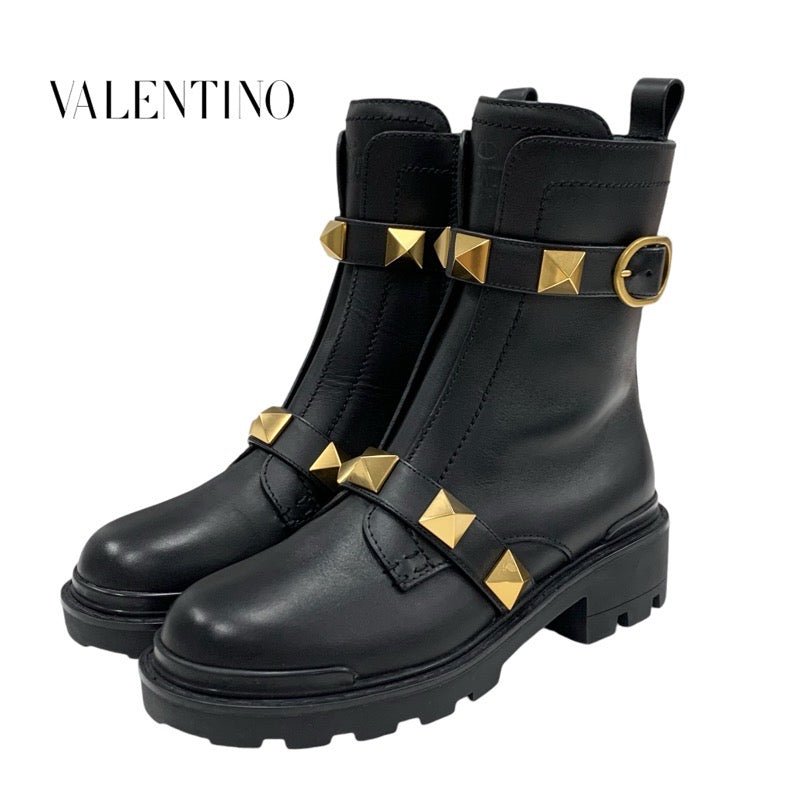 Valentino Boots, Short Boots, Shoes, Leather, Black, Black, Gold, Roman Studs, Belt