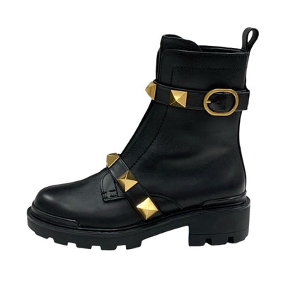 Valentino Boots, Short Boots, Shoes, Leather, Black, Black, Gold, Roman Studs, Belt