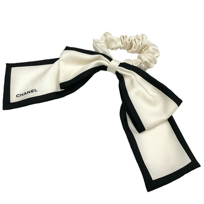 Chanel Hair Accessories White Black Camellia Logo Ribbon Scrunchy Hair Elastic