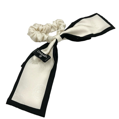 Chanel Hair Accessories White Black Camellia Logo Ribbon Scrunchy Hair Elastic