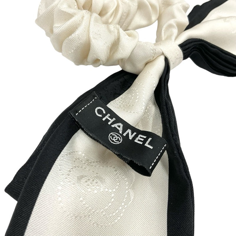 Chanel Hair Accessories White Black Camellia Logo Ribbon Scrunchy Hair Elastic