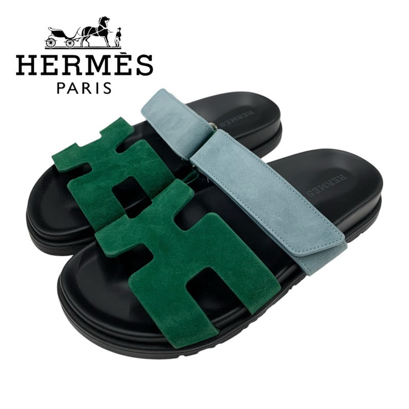 エルメス HERMES シプレ サンダル 靴 シューズ スエード グリーン ライトブルー フラットサンダル ミュール