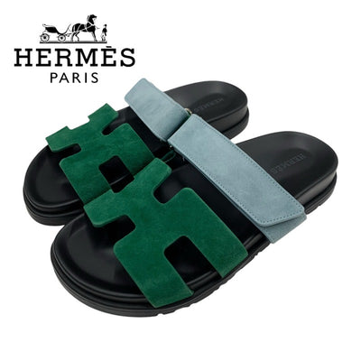 エルメス HERMES シプレ サンダル 靴 シューズ スエード グリーン ライトブルー フラットサンダル ミュール