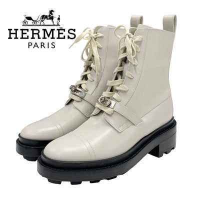 Hermes Funk Boots Short Boots Shoes Leather Beige Kelly Metal Fittings Lace Up