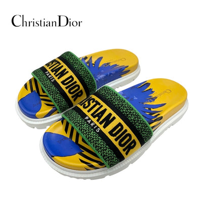 クリスチャンディオール CHRISTIAN DIOR DWAY サンダル 靴 シューズ ファブリック イエロー ブルー グリーン エンブロイダリー ロゴ ミュール フラットサンダル 刺繍