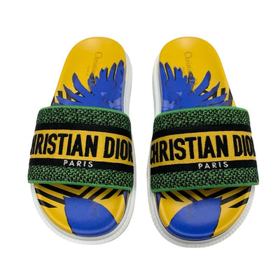 クリスチャンディオール CHRISTIAN DIOR DWAY サンダル 靴 シューズ ファブリック イエロー ブルー グリーン エンブロイダリー ロゴ ミュール フラットサンダル 刺繍