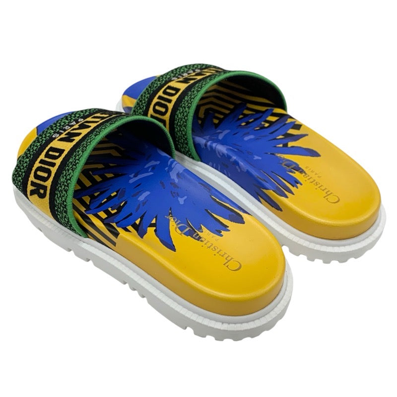 クリスチャンディオール CHRISTIAN DIOR DWAY サンダル 靴 シューズ ファブリック イエロー ブルー グリーン エンブロイダリー ロゴ ミュール フラットサンダル 刺繍