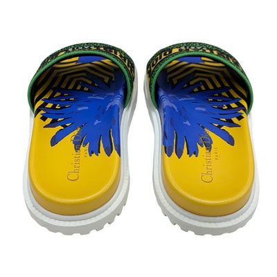 クリスチャンディオール CHRISTIAN DIOR DWAY サンダル 靴 シューズ ファブリック イエロー ブルー グリーン エンブロイダリー ロゴ ミュール フラットサンダル 刺繍