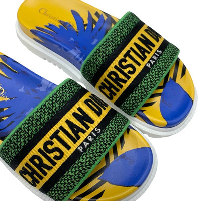 クリスチャンディオール CHRISTIAN DIOR DWAY サンダル 靴 シューズ ファブリック イエロー ブルー グリーン エンブロイダリー ロゴ ミュール フラットサンダル 刺繍