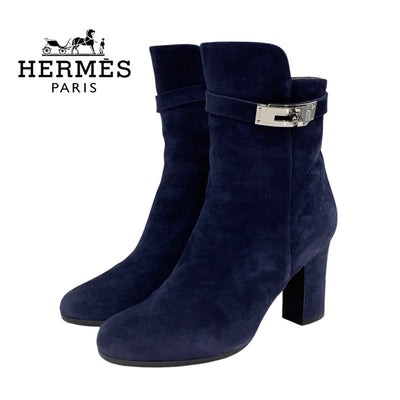 Hermes HERMES Boots, Short Boots, Shoes, Suede, Navy, Silver, Kelly Hardware