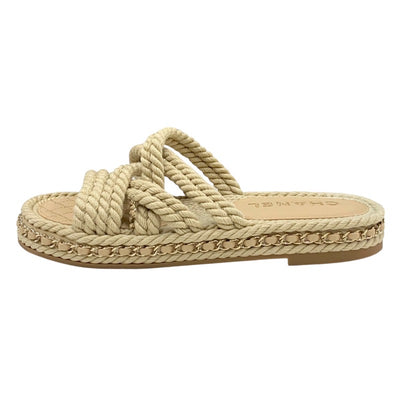 シャネル CHANEL サンダル 靴 シューズ ファブリック レザー ベージュ ココマーク チェーン コード