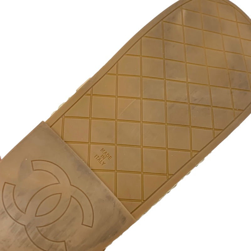 シャネル CHANEL サンダル 靴 シューズ ファブリック レザー ベージュ ココマーク チェーン コード