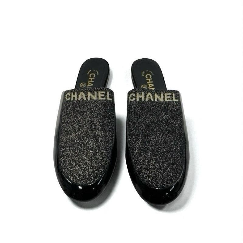 シャネル CHANEL フラットシューズ 靴 シューズ パテント ファブリック ブラック ゴールド ミュール ロゴ ラメ