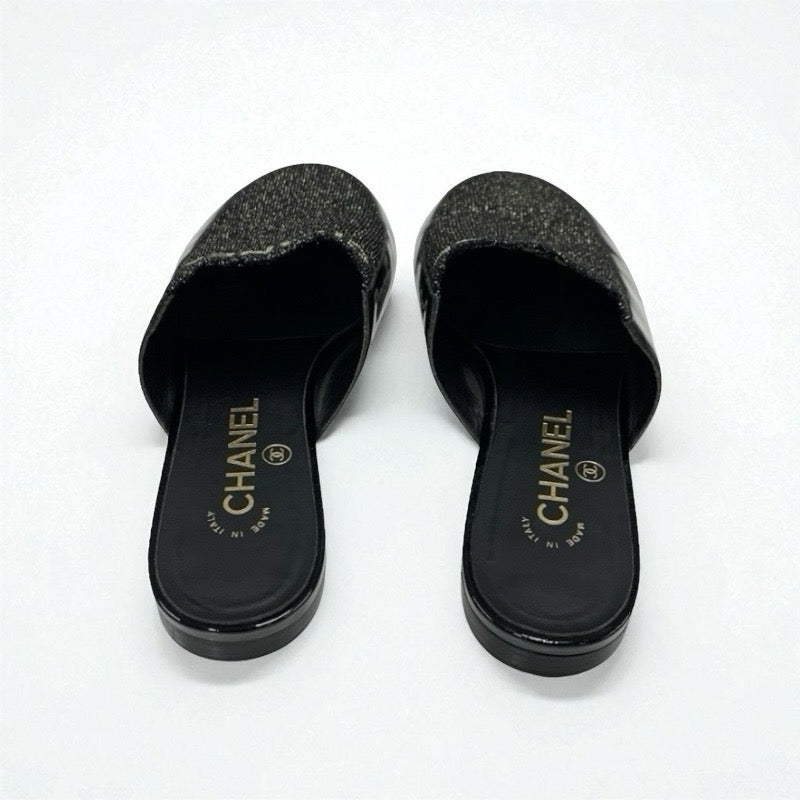 シャネル CHANEL フラットシューズ 靴 シューズ パテント ファブリック ブラック ゴールド ミュール ロゴ ラメ