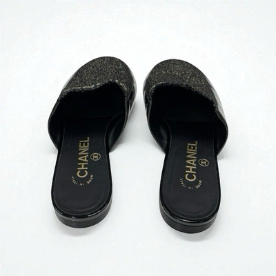 シャネル CHANEL フラットシューズ 靴 シューズ パテント ファブリック ブラック ゴールド ミュール ロゴ ラメ