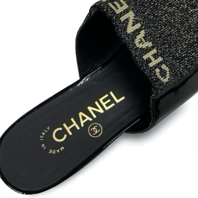 シャネル CHANEL フラットシューズ 靴 シューズ パテント ファブリック ブラック ゴールド ミュール ロゴ ラメ