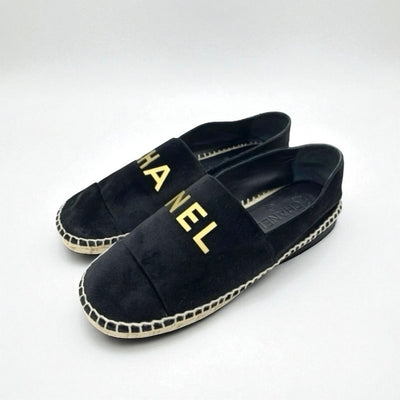 シャネル CHANEL フラットシューズ 靴 シューズ ベロア ブラック ゴールド 黒 ロゴ エスパドリーユ