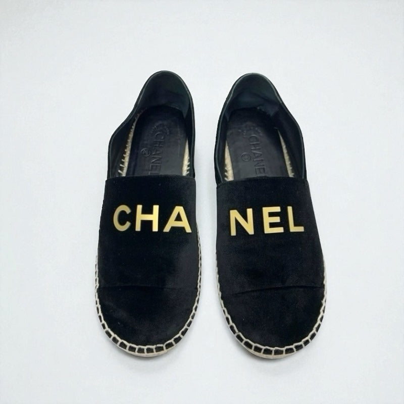 シャネル CHANEL フラットシューズ 靴 シューズ ベロア ブラック ゴールド 黒 ロゴ エスパドリーユ
