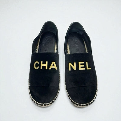 シャネル CHANEL フラットシューズ 靴 シューズ ベロア ブラック ゴールド 黒 ロゴ エスパドリーユ