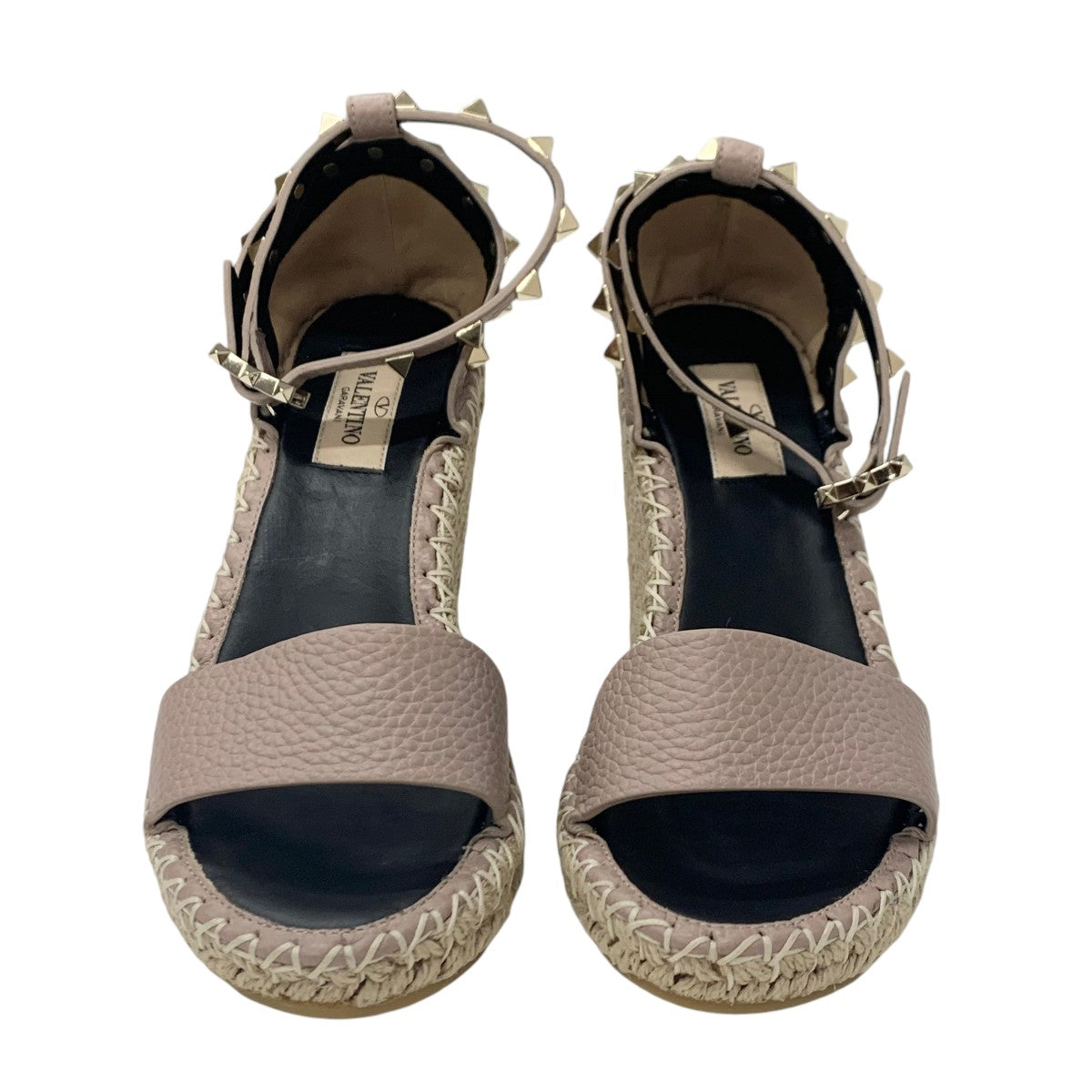 ヴァレンティノ VALENTINO サンダル 靴 シューズ レザー ピンクベージュ ゴールド 未使用 ウェッジソール ロックスタッズ アンクルストラップ エスパドリーユ