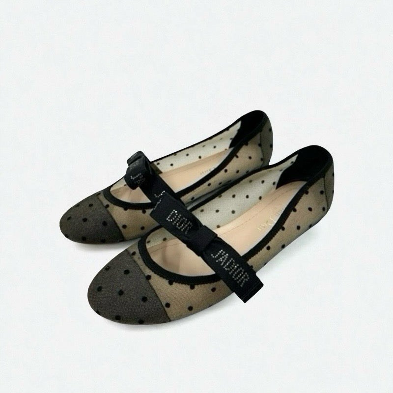 クリスチャンディオール CHRISTIAN DIOR JADIOR フラットシューズ 靴 シューズ メッシュ ファブリック ブラック 黒 ロゴ ドット リボン ラインストーン ストラップ バレエシューズ フラットパンプス