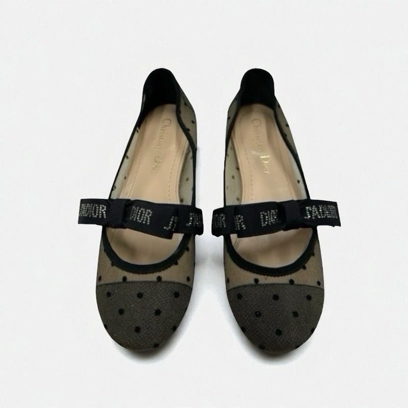 クリスチャンディオール CHRISTIAN DIOR JADIOR フラットシューズ 靴 シューズ メッシュ ファブリック ブラック 黒 ロゴ ドット リボン ラインストーン ストラップ バレエシューズ フラットパンプス