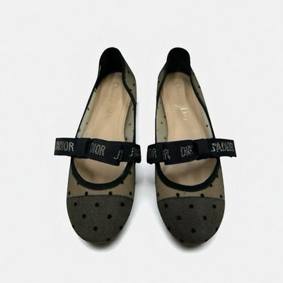クリスチャンディオール CHRISTIAN DIOR JADIOR フラットシューズ 靴 シューズ メッシュ ファブリック ブラック 黒 ロゴ ドット リボン ラインストーン ストラップ バレエシューズ フラットパンプス