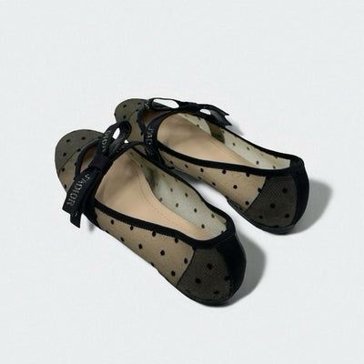 クリスチャンディオール CHRISTIAN DIOR JADIOR フラットシューズ 靴 シューズ メッシュ ファブリック ブラック 黒 ロゴ ドット リボン ラインストーン ストラップ バレエシューズ フラットパンプス