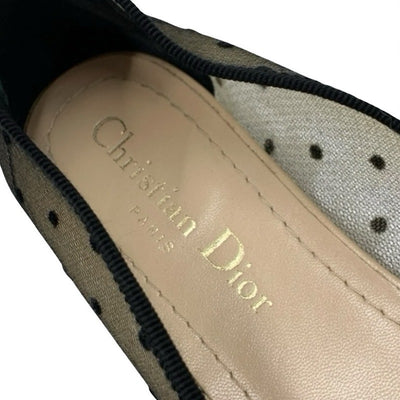 クリスチャンディオール CHRISTIAN DIOR JADIOR フラットシューズ 靴 シューズ メッシュ ファブリック ブラック 黒 ロゴ ドット リボン ラインストーン ストラップ バレエシューズ フラットパンプス